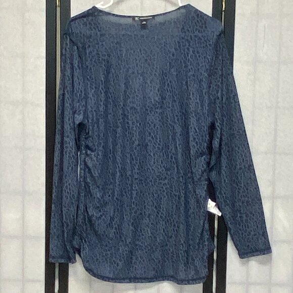INC Burnout V Neck Faux Wrap Shirred Side Blouse Blue Leopard 1X Long Sleeve - Picture 6 of 12